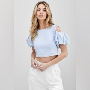 Blue cold shoulder crop top with puff sleeves